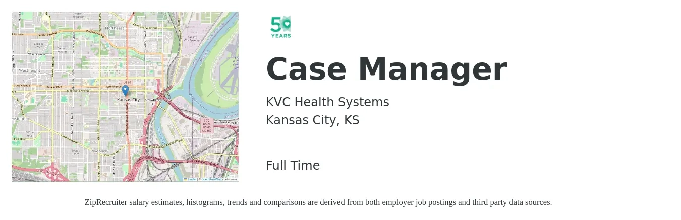 KVC Health Systems job posting for a Case Manager in Kansas City, KS with a salary of $19 to $24 Hourly with a map of Kansas City location.