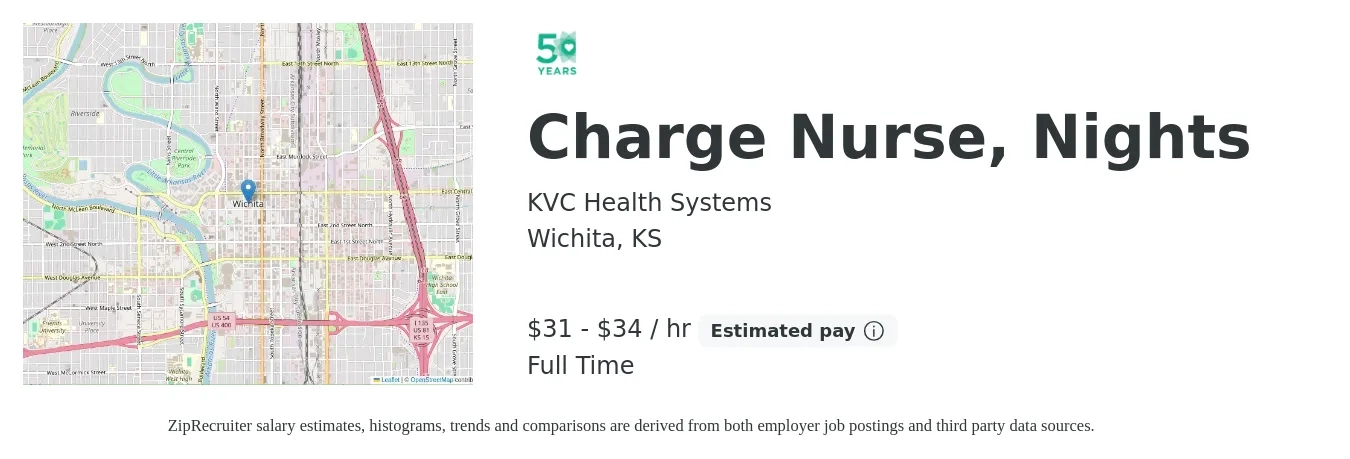 KVC Health Systems job posting for a Charge Nurse, Nights in Wichita, KS with a salary of $32 to $36 Hourly with a map of Wichita location.