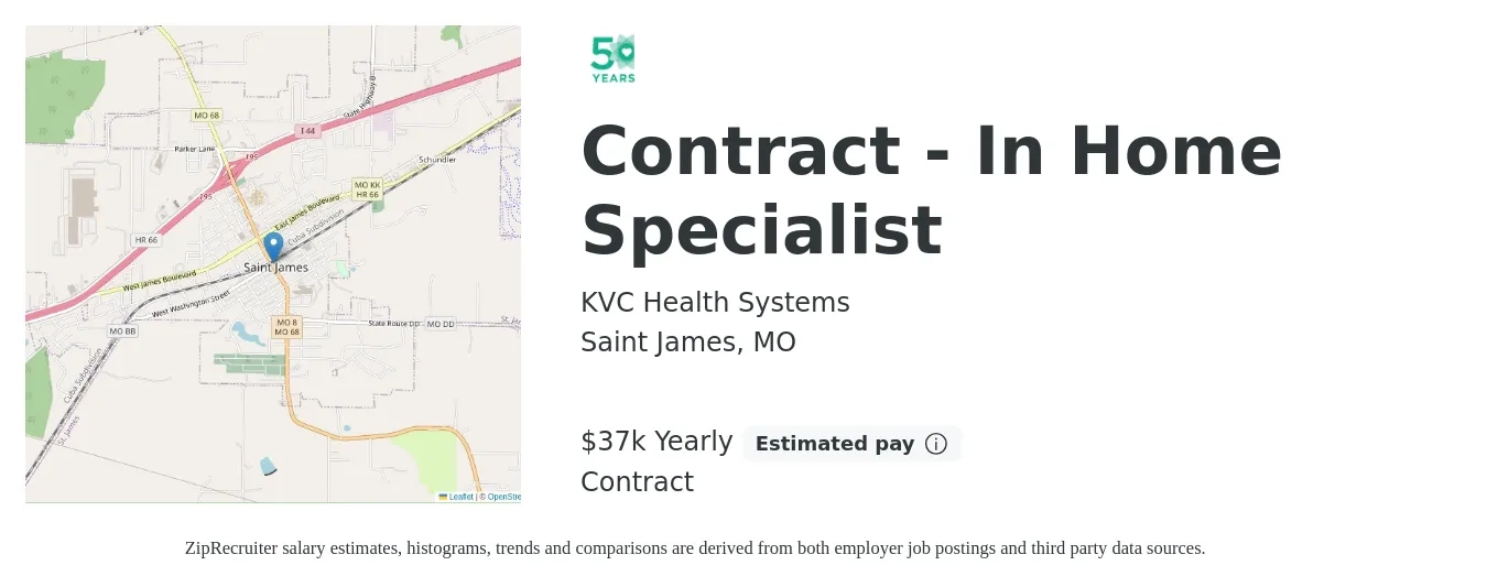 KVC Health Systems job posting for a Contract - In Home Specialist in Saint James, MO with a salary of $37,000 Yearly with a map of Saint James location.