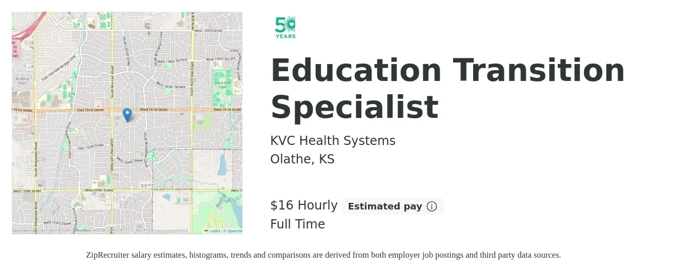 KVC Health Systems job posting for a Education Transition Specialist in Olathe, KS with a salary of $18 Hourly with a map of Olathe location.