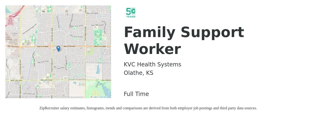 KVC Health Systems job posting for a Family Support Worker in Olathe, KS with a salary of $16 to $20 Hourly with a map of Olathe location.
