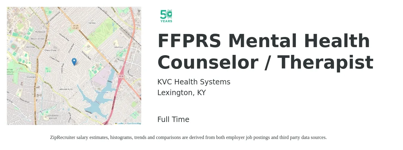KVC Health Systems job posting for a FFPRS Mental Health Counselor / Therapist in Lexington, KY with a salary of $52,000 to $73,700 Yearly with a map of Lexington location.