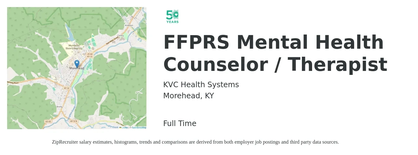 KVC Health Systems job posting for a FFPRS Mental Health Counselor / Therapist in Morehead, KY with a salary of $52,600 to $74,500 Yearly with a map of Morehead location.