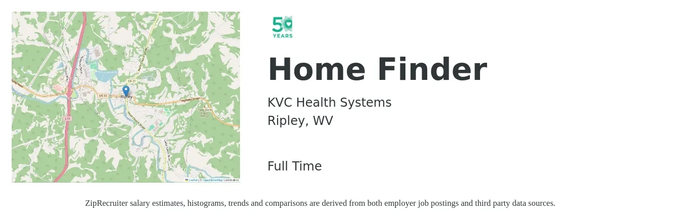 KVC Health Systems job posting for a Home Finder in Ripley, WV with a salary of $38,600 to $65,900 Yearly with a map of Ripley location.