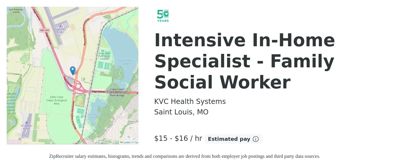 KVC Health Systems job posting for a Intensive In-Home Specialist - Family Social Worker in Saint Louis, MO with a salary of $16 to $17 Hourly with a map of Saint Louis location.