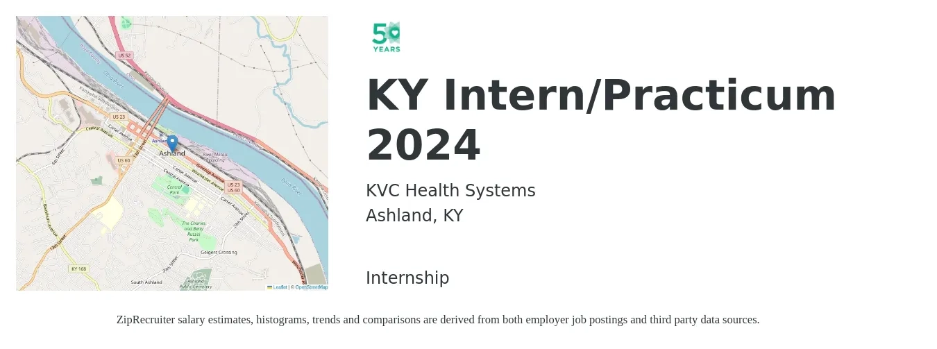 KVC Health Systems job posting for a KY Intern/Practicum 2024 in Ashland, KY with a salary of $13 to $17 Hourly with a map of Ashland location.