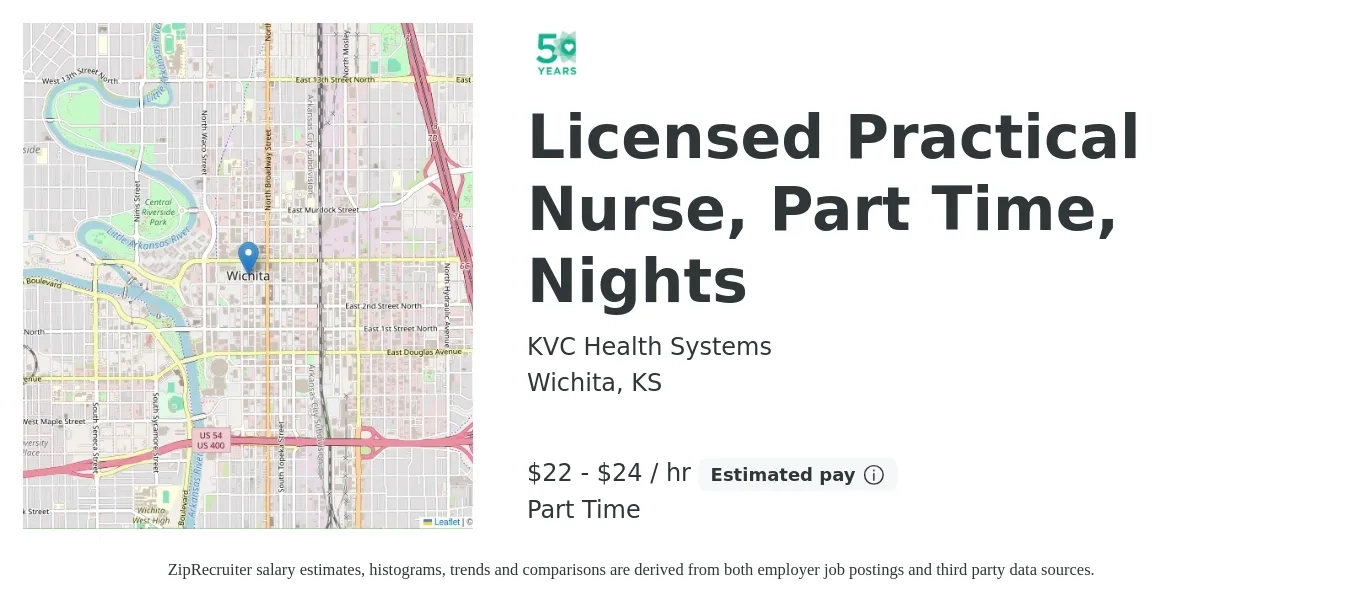 KVC Health Systems job posting for a Licensed Practical Nurse, Part Time, Nights in Wichita, KS with a salary of $23 to $25 Hourly with a map of Wichita location.