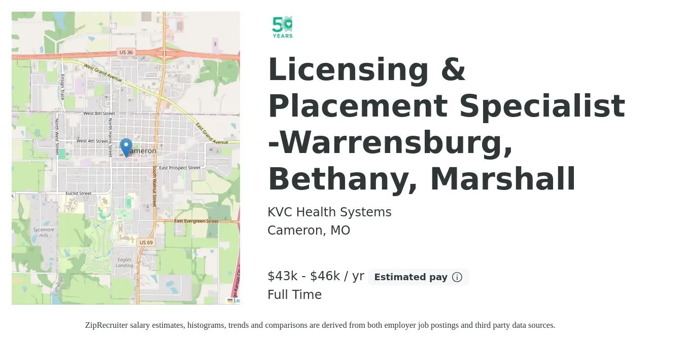 KVC Health Systems job posting for a Licensing & Placement Specialist -Warrensburg, Bethany, Marshall in Cameron, MO with a salary of $43,500 to $46,000 Yearly with a map of Cameron location.