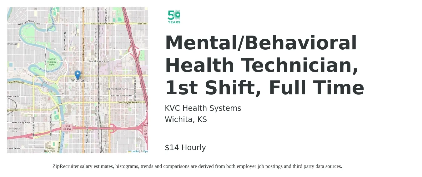 KVC Health Systems job posting for a Mental/Behavioral Health Technician, 1st Shift, Full Time in Wichita, KS with a salary of $15 to $19 Hourly with a map of Wichita location.