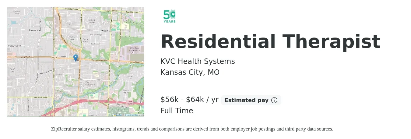 KVC Health Systems job posting for a Residential Therapist in Kansas City, MO with a salary of $56,000 to $64,000 Yearly with a map of Kansas City location.