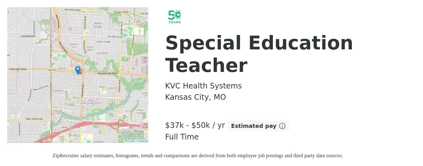 KVC Health Systems job posting for a Special Education Teacher in Kansas City, MO with a salary of $37,500 to $50,000 Yearly with a map of Kansas City location.