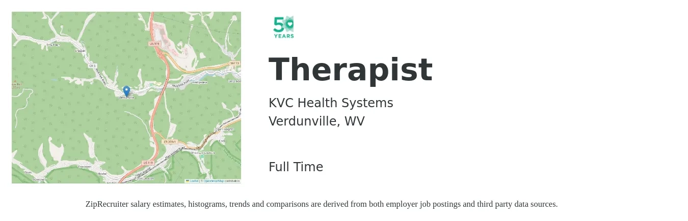 KVC Health Systems job posting for a Therapist in Verdunville, WV with a salary of $47,200 to $65,300 Yearly with a map of Verdunville location.