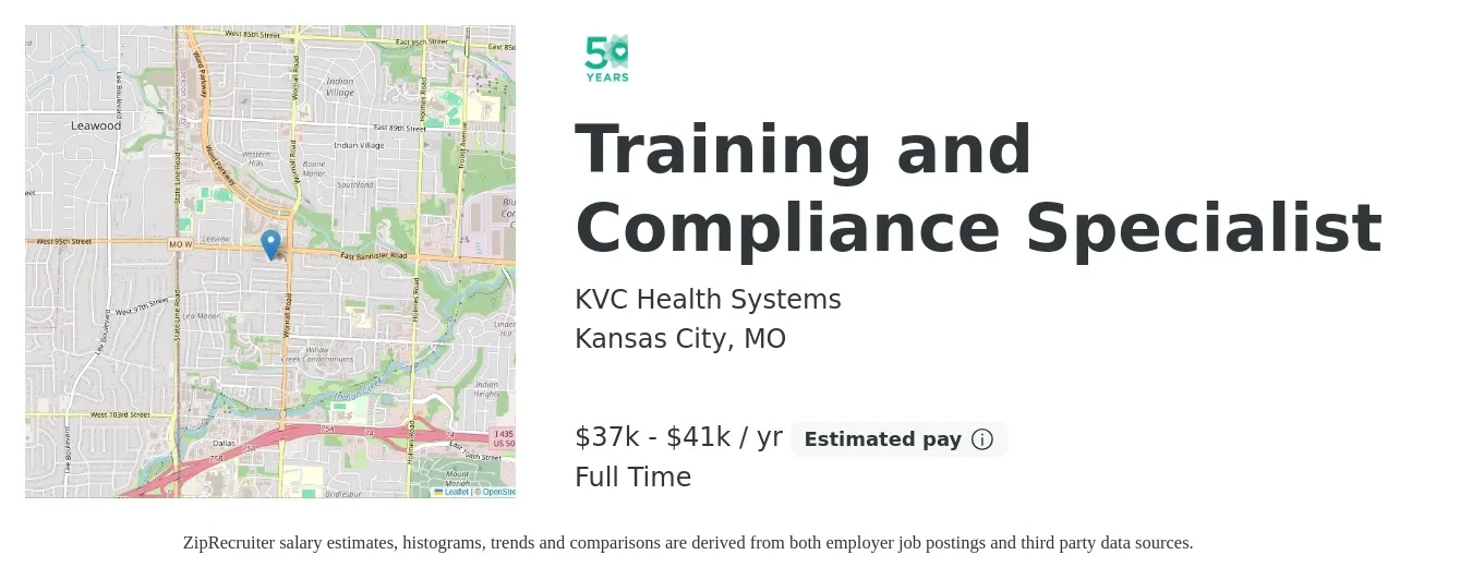 KVC Health Systems job posting for a Training and Compliance Specialist in Kansas City, MO with a salary of $37,000 to $41,000 Yearly with a map of Kansas City location.