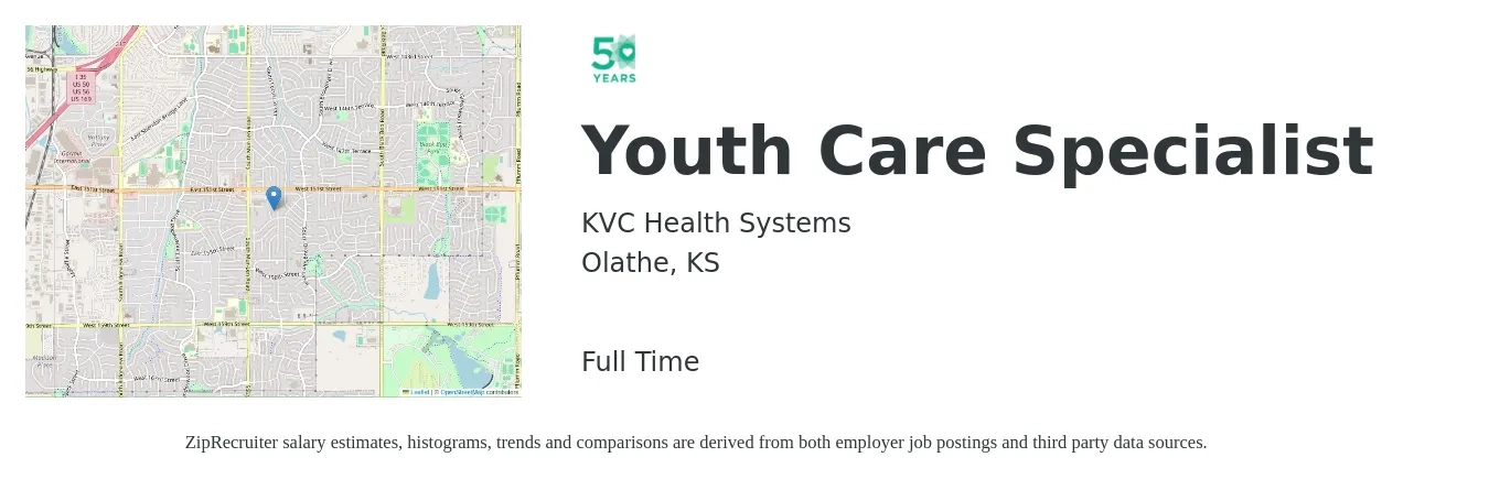 KVC Health Systems job posting for a Youth Care Specialist in Olathe, KS with a salary of $16 to $22 Hourly with a map of Olathe location.