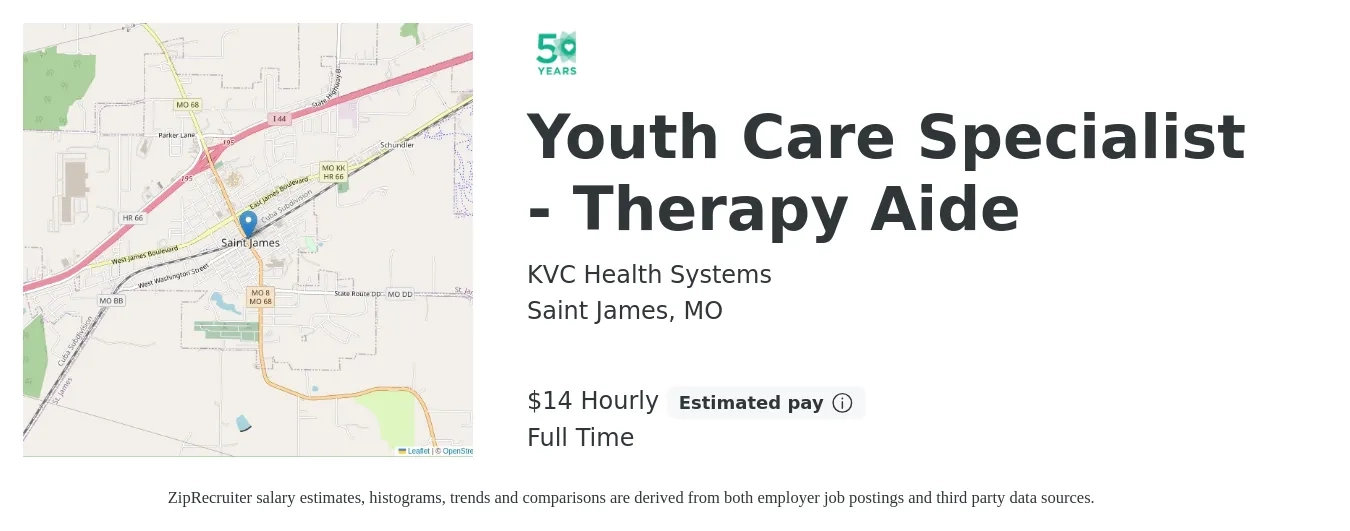 KVC Health Systems job posting for a Youth Care Specialist - Therapy Aide in Saint James, MO with a salary of $15 Hourly with a map of Saint James location.