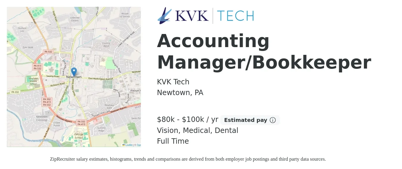 KVK Tech job posting for a Accounting Manager/Bookkeeper in Newtown, PA with a salary of $80,000 to $100,000 Yearly and benefits including medical, retirement, vision, dental, and life_insurance with a map of Newtown location.