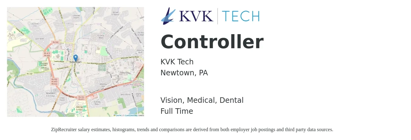 KVK Tech job posting for a Controller in Newtown, PA with a salary of $90,800 to $129,600 Yearly and benefits including retirement, vision, dental, life_insurance, and medical with a map of Newtown location.