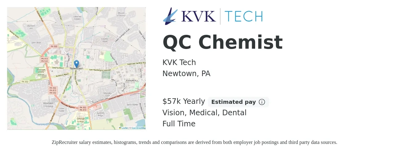 KVK Tech job posting for a QC Chemist in Newtown, PA with a salary of $57,000 Yearly and benefits including dental, life_insurance, medical, retirement, and vision with a map of Newtown location.