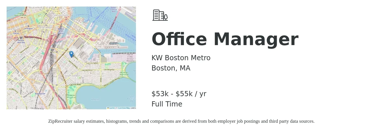 KW Boston Metro job posting for a Office Manager in Boston, MA with a salary of $53,000 to $55,000 Yearly with a map of Boston location.