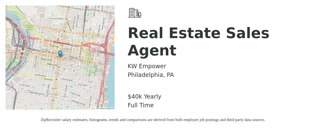 KW Empower job posting for a Real Estate Sales Agent in Philadelphia, PA with a salary of $82,700 to $111,000 Yearly with a map of Philadelphia location.