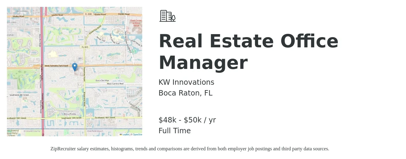KW Innovations job posting for a Real Estate Office Manager in Boca Raton, FL with a salary of $48,000 to $50,000 Yearly with a map of Boca Raton location.
