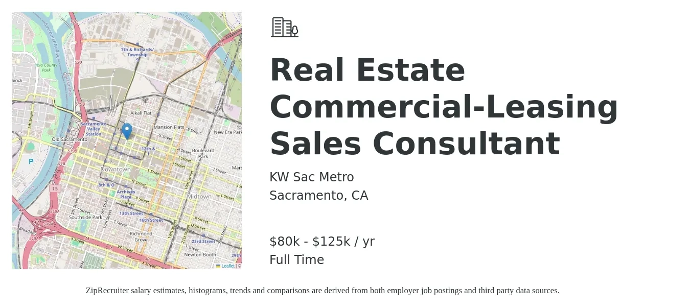 KW Sac Metro job posting for a Real Estate Commercial-Leasing Sales Consultant in Sacramento, CA with a salary of $80,000 to $125,000 Yearly with a map of Sacramento location.