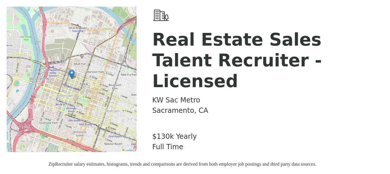 KW Sac Metro job posting for a Real Estate Sales Talent Recruiter - Licensed in Sacramento, CA with a salary of $130,000 Yearly with a map of Sacramento location.