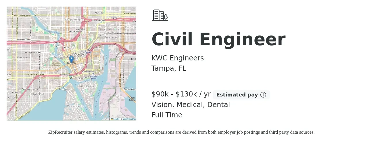 KWC Engineers job posting for a Civil Engineer in Tampa, FL with a salary of $90,000 to $130,000 Yearly and benefits including dental, life_insurance, medical, pto, retirement, and vision with a map of Tampa location.
