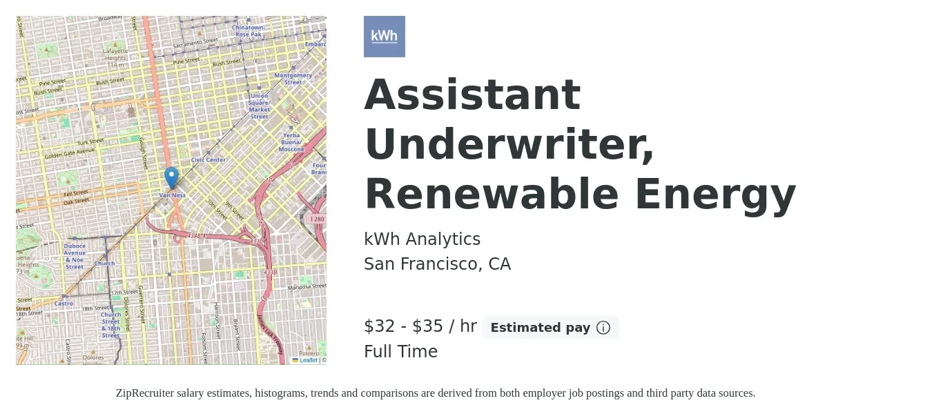 kWh Analytics job posting for a Assistant Underwriter, Renewable Energy in San Francisco, CA with a salary of $34 to $37 Hourly with a map of San Francisco location.