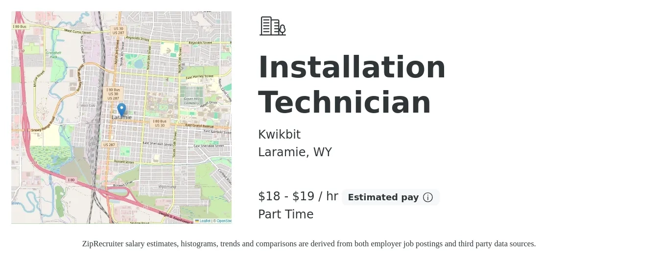 Kwikbit job posting for a Installation Technician in Laramie, WY with a salary of $19 to $20 Hourly with a map of Laramie location.