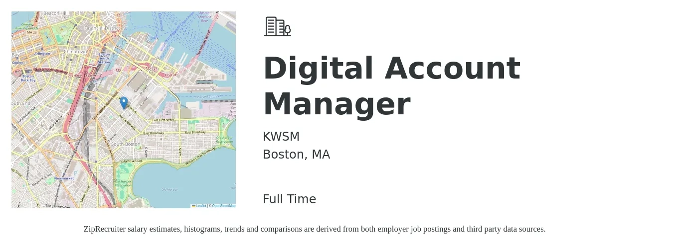 KWSM job posting for a Digital Account Manager in Boston, MA with a salary of $57,200 to $82,800 Yearly with a map of Boston location.
