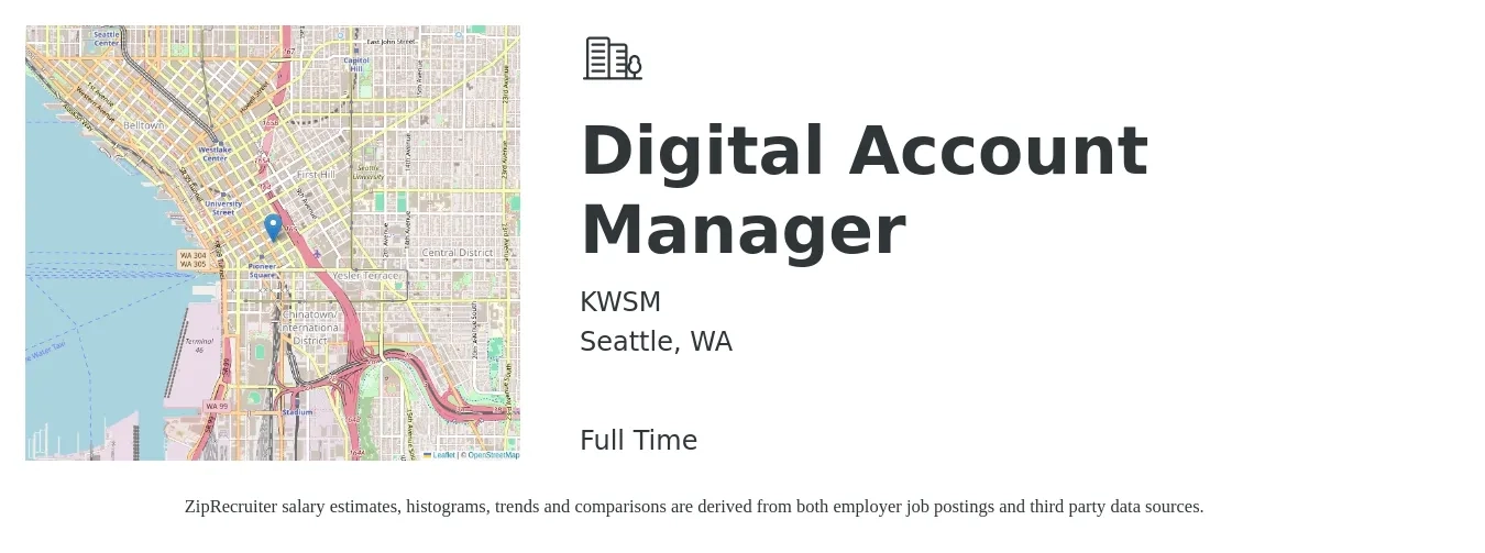 KWSM job posting for a Digital Account Manager in Seattle, WA with a salary of $59,800 to $86,500 Yearly with a map of Seattle location.