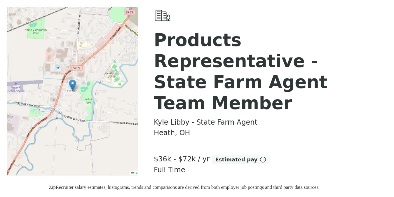 Kyle Libby - State Farm Agent job posting for a Products Representative - State Farm Agent Team Member in Heath, OH with a salary of $36,000 to $72,000 Yearly with a map of Heath location.