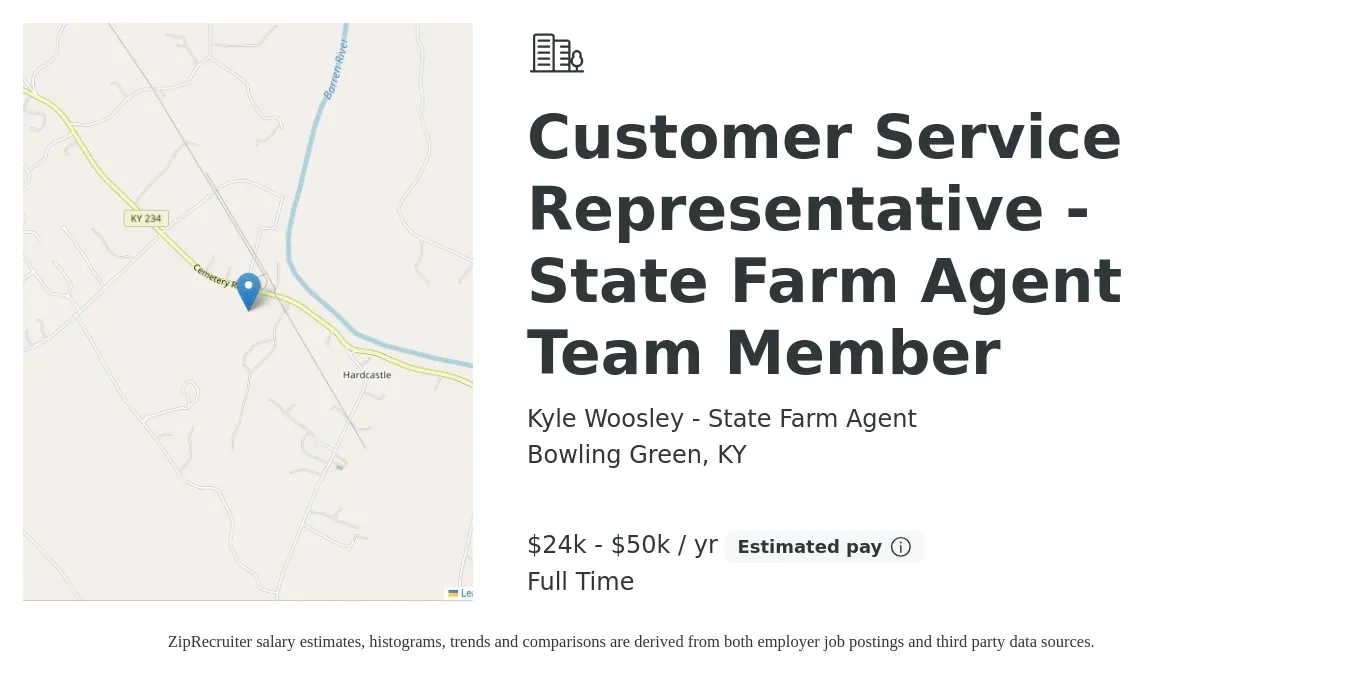 Kyle Woosley - State Farm Agent job posting for a Customer Service Representative - State Farm Agent Team Member in Bowling Green, KY with a salary of $24,000 to $50,000 Yearly with a map of Bowling Green location.