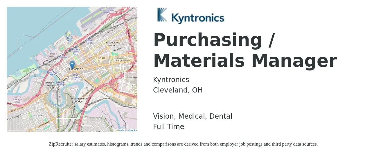 Kyntronics job posting for a Purchasing / Materials Manager in Cleveland, OH with a salary of $63,000 to $97,000 Yearly and benefits including dental, life_insurance, medical, pto, retirement, and vision with a map of Cleveland location.