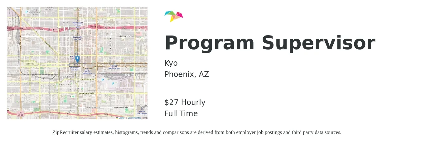 Kyo job posting for a Program Supervisor in Phoenix, AZ with a salary of $26 Hourly with a map of Phoenix location.