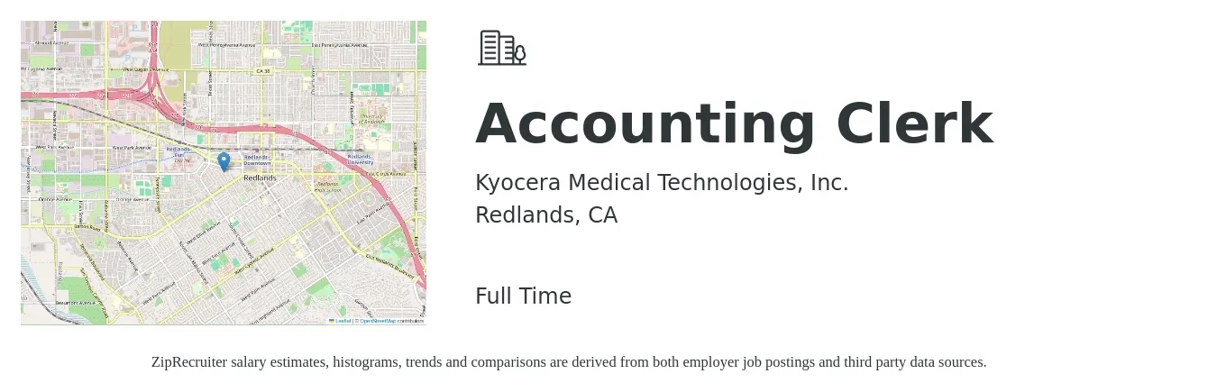 Kyocera Medical Technologies, Inc. job posting for a Accounting Clerk in Redlands, CA with a salary of $22 to $26 Hourly with a map of Redlands location.