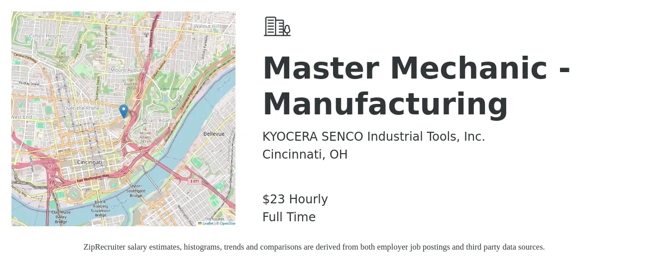 KYOCERA SENCO Industrial Tools, Inc. job posting for a Master Mechanic - Manufacturing in Cincinnati, OH with a salary of $24 Hourly with a map of Cincinnati location.