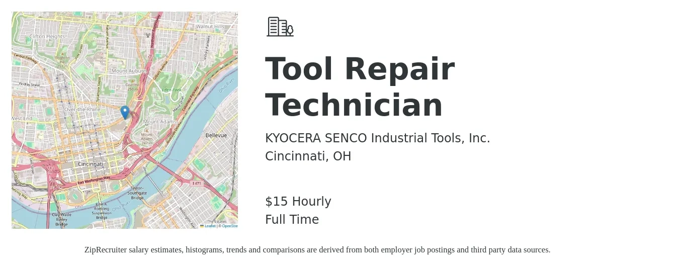 KYOCERA SENCO Industrial Tools, Inc. job posting for a Tool Repair Technician in Cincinnati, OH with a salary of $16 Hourly with a map of Cincinnati location.