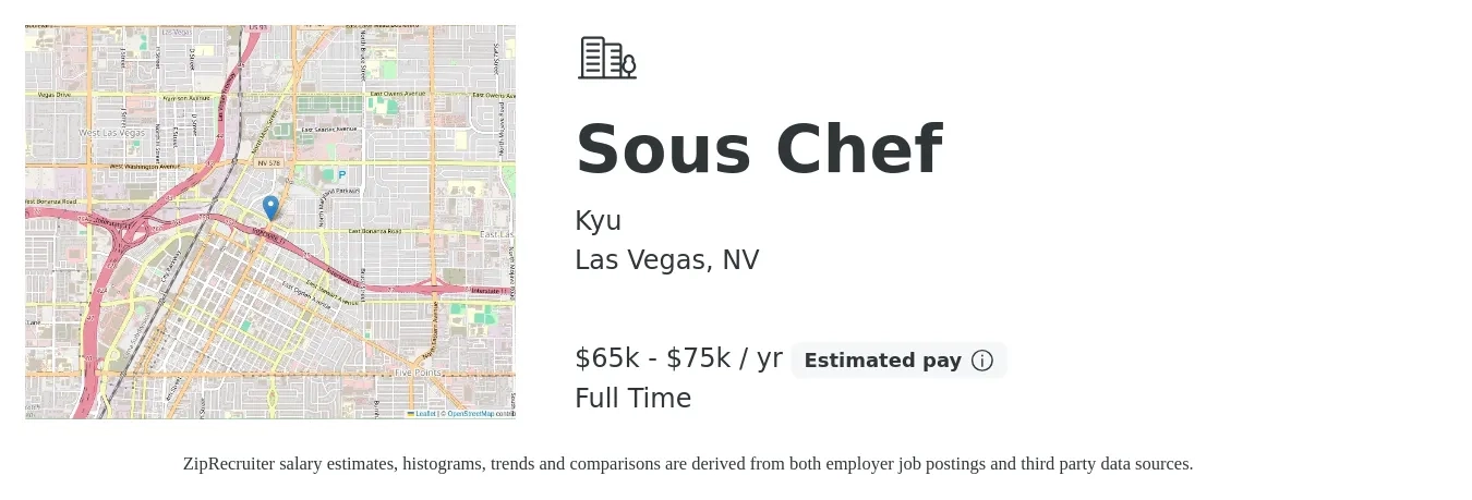 Kyu job posting for a Sous Chef in Las Vegas, NV with a salary of $65,000 to $75,000 Yearly with a map of Las Vegas location.