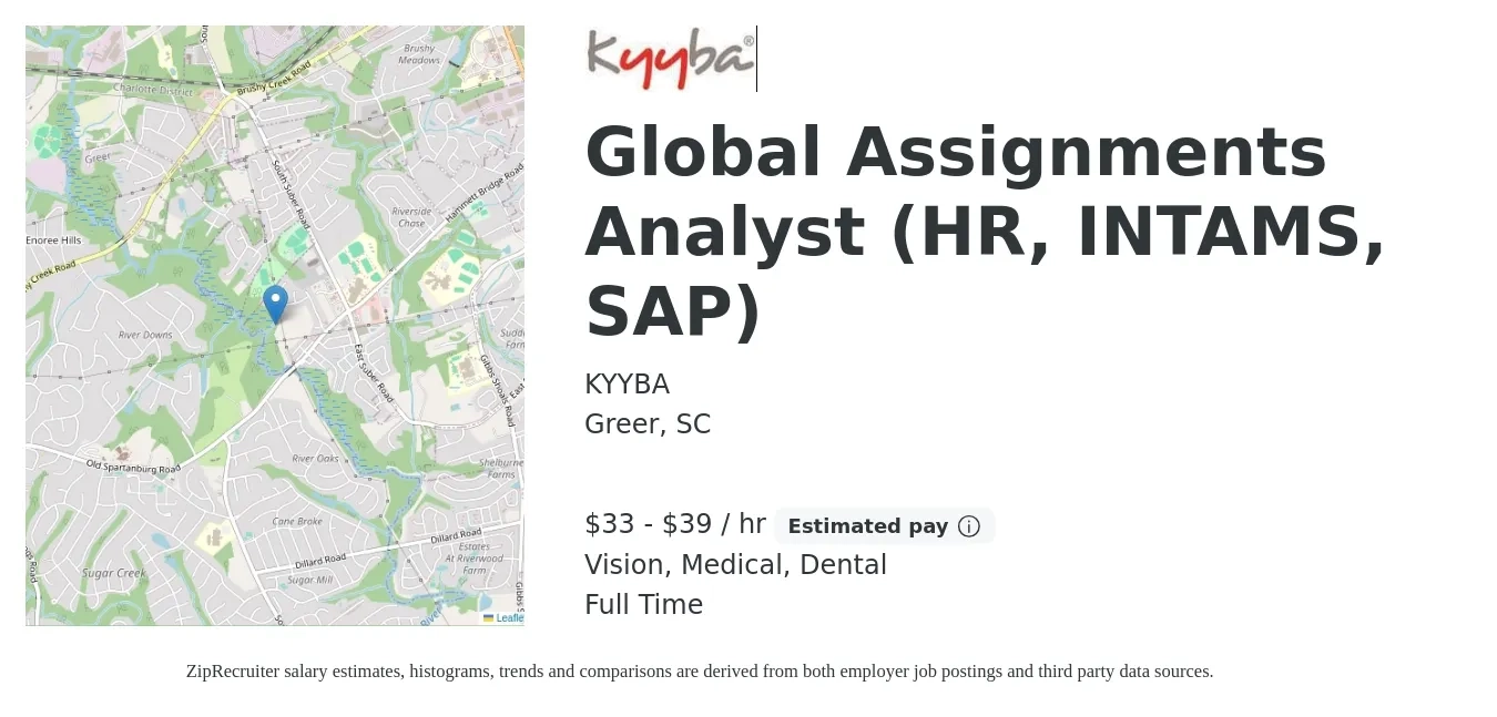 KYYBA job posting for a Global Assignments Analyst (HR, INTAMS, SAP) in Greer, SC with a salary of $35 to $41 Hourly and benefits including vision, dental, medical, and pto with a map of Greer location.
