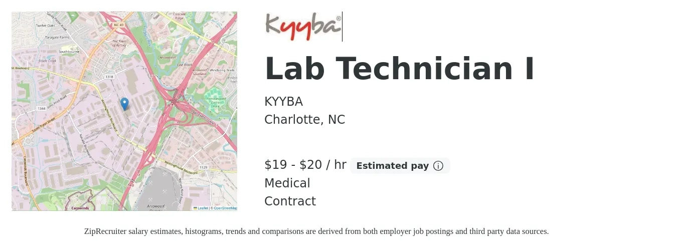 KYYBA job posting for a Lab Technician I in Charlotte, NC with a salary of $20 to $21 Hourly and benefits including medical with a map of Charlotte location.