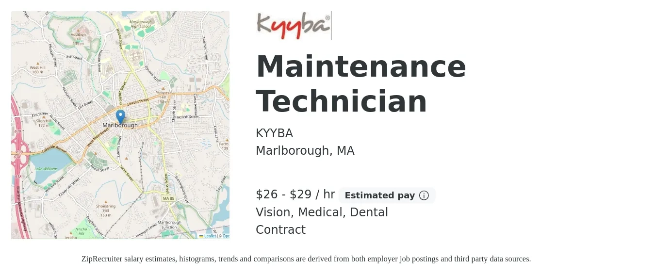 KYYBA job posting for a Maintenance Technician in Marlborough, MA with a salary of $28 to $31 Hourly and benefits including vision, dental, medical, and pto with a map of Marlborough location.
