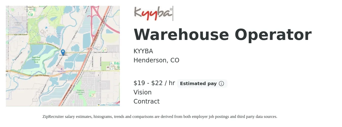 KYYBA job posting for a Warehouse Operator in Henderson, CO with a salary of $20 to $23 Hourly and benefits including vision with a map of Henderson location.