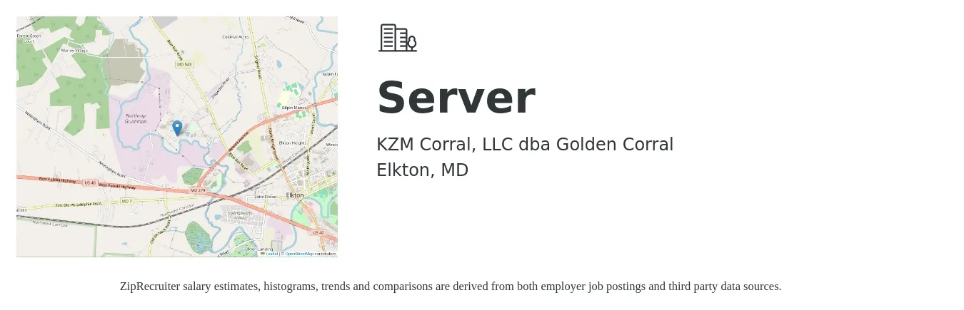 KZM Corral, LLC dba Golden Corral job posting for a Server in Elkton, MD with a salary of $10 to $18 Hourly with a map of Elkton location.
