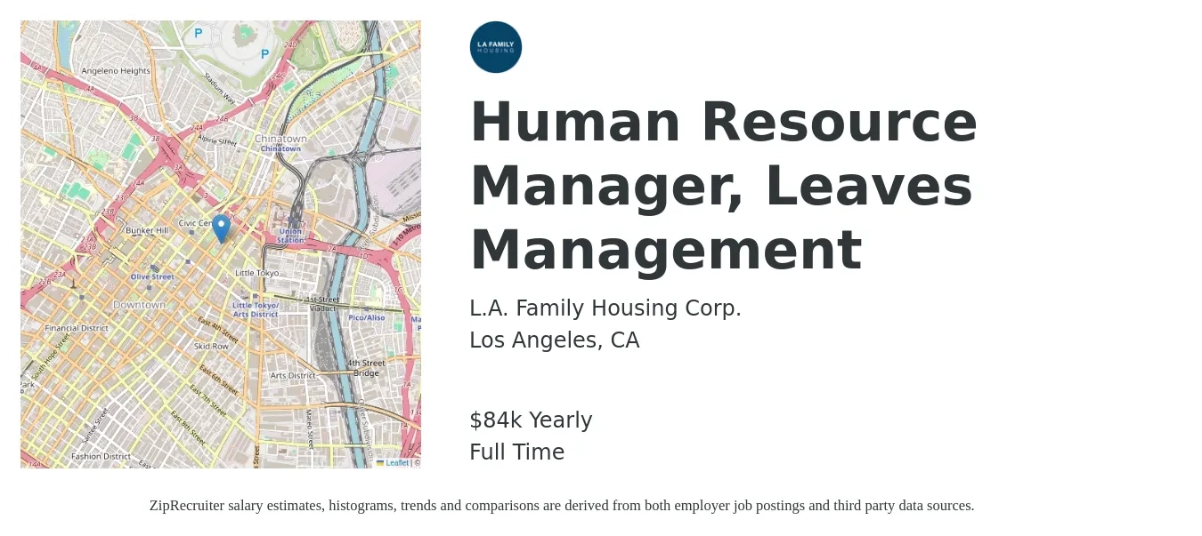 L.A. Family Housing Corp. job posting for a Human Resource Manager, Leaves Management in Los Angeles, CA with a salary of $84,092 Yearly with a map of Los Angeles location.