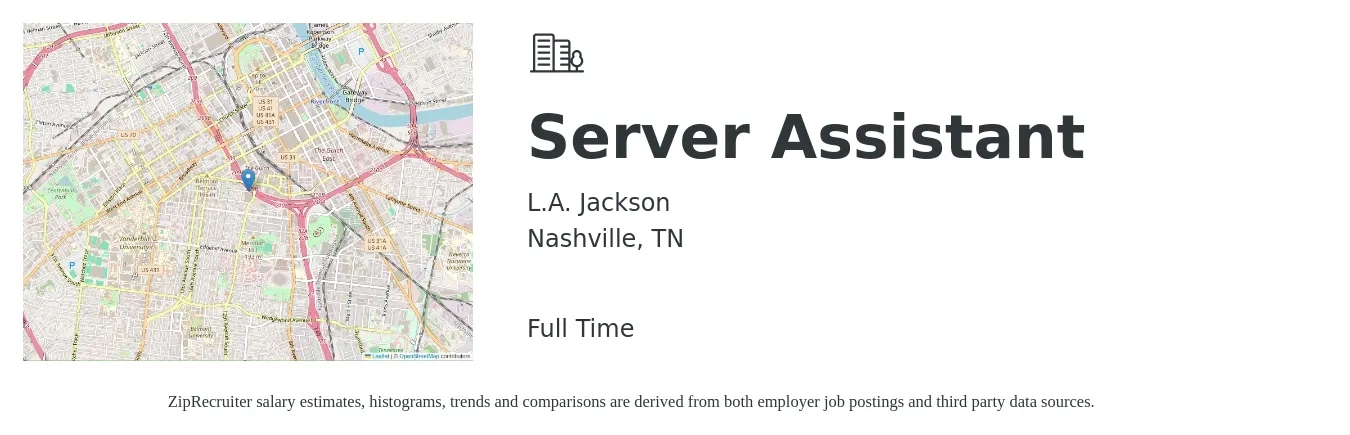 L.A. Jackson job posting for a Server Assistant in Nashville, TN with a salary of $10 to $15 Hourly with a map of Nashville location.