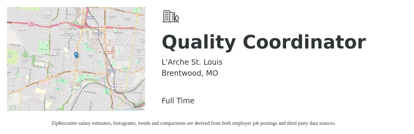 L'Arche St. Louis job posting for a Quality Coordinator in Brentwood, MO with a salary of $20 to $30 Hourly with a map of Brentwood location.