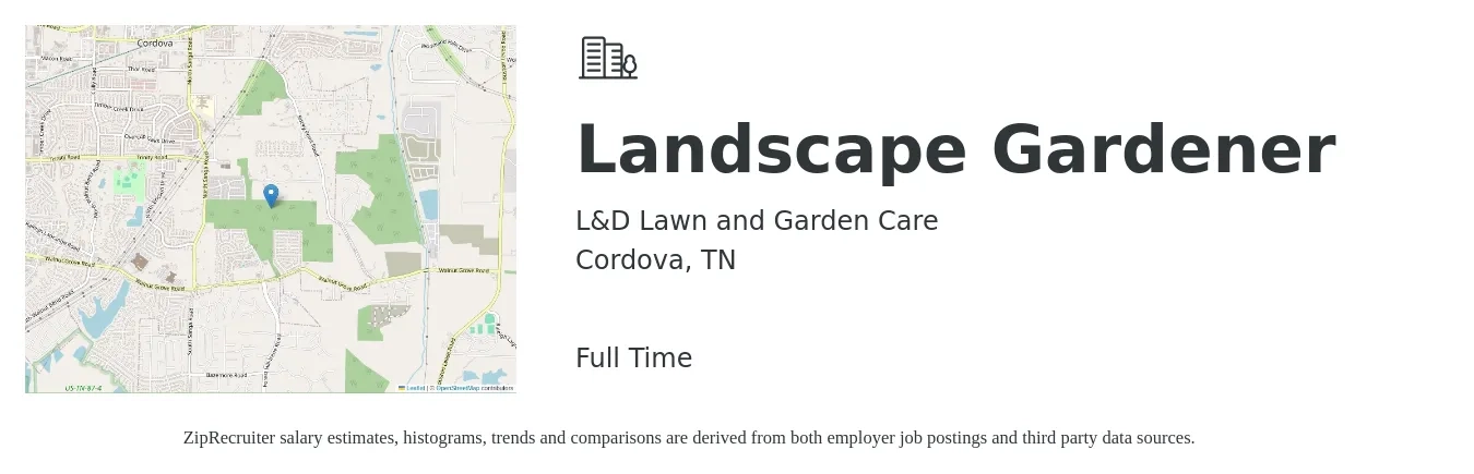 L&D Lawn and Garden Care job posting for a Landscape Gardener in Cordova, TN with a salary of $14 to $20 Hourly and benefits including pto with a map of Cordova location.
