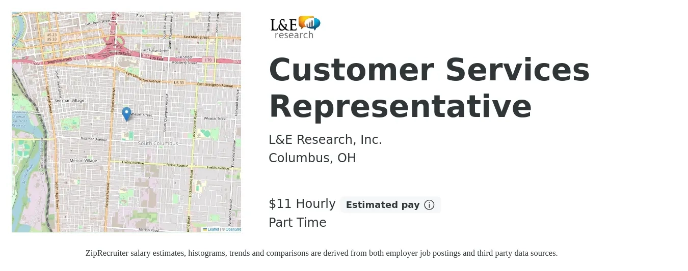 L&E Research, Inc. job posting for a Customer Services Representative in Columbus, OH with a salary of $12 Hourly with a map of Columbus location.